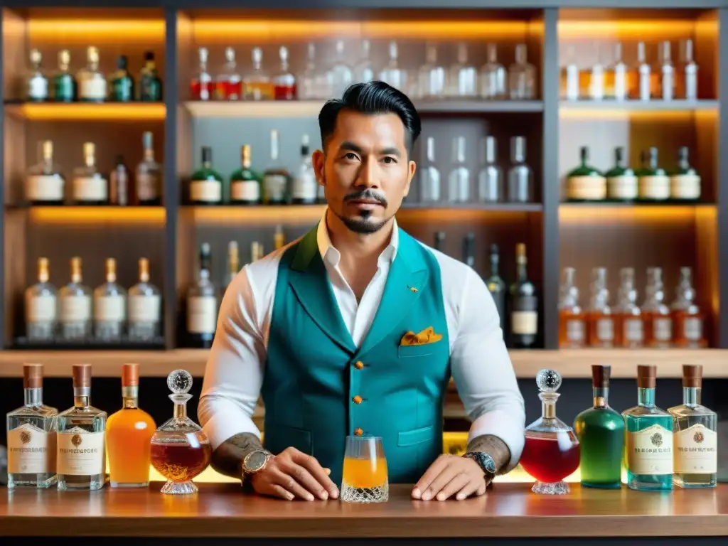 Un experto mixólogo prepara cócteles con Pisco Peruano en una escena de coctelería avanzada