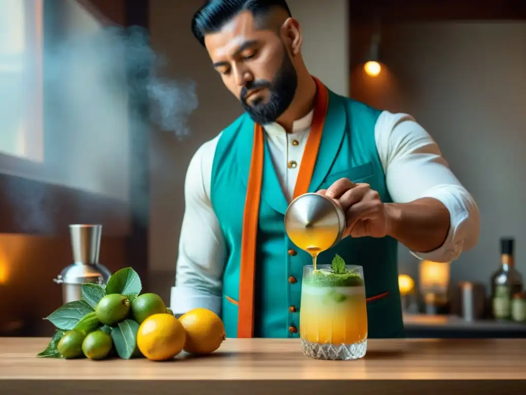 Un experto mixólogo vierte con destreza Pisco en una coctelera, rodeado de ingredientes frescos para elaborar cócteles veganos