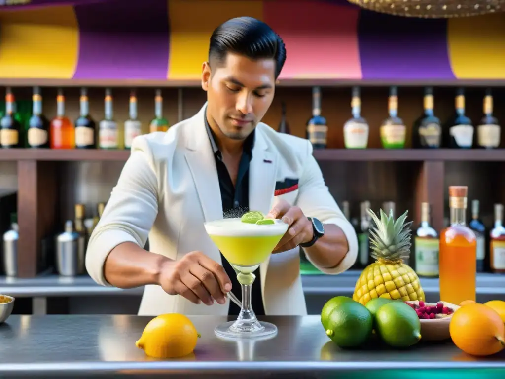 Un experto mixólogo peruano prepara un Pisco Sour en un mercado vibrante de Perú