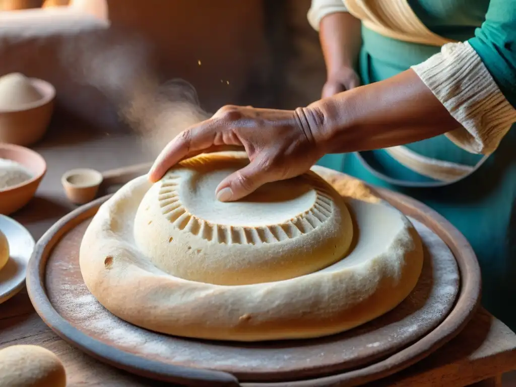 Artesano peruano moldeando pan chuta con maestría frente a hornos de barro Un experto panadero peruano moldea pan chuta ancestralmente en horno de barro