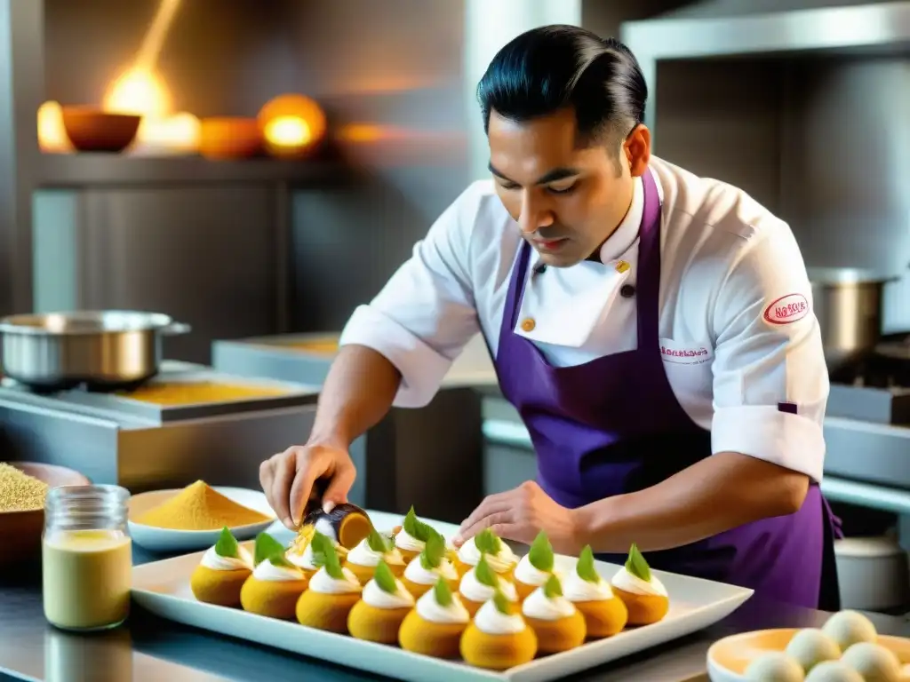 Un experto pastelero peruano elaborando postres peruanos tradicionales autóctonos en una cocina colorida y bulliciosa