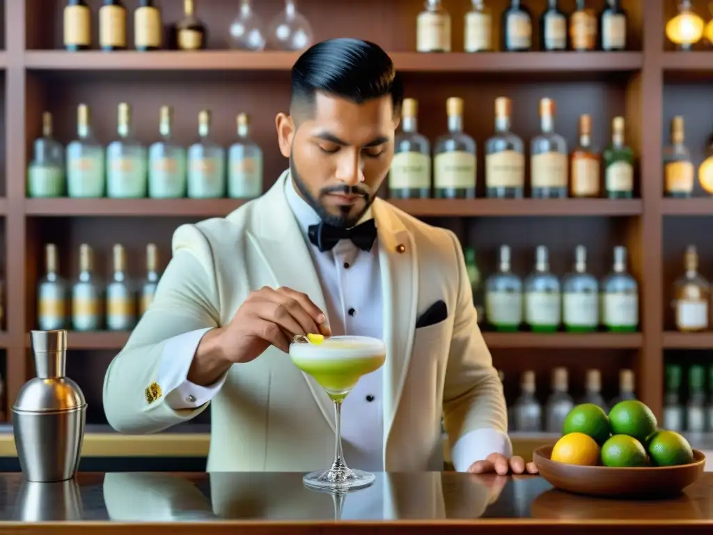 Un experto bartender peruano prepara un auténtico Pisco Sour con destreza y pasión en un animado bar