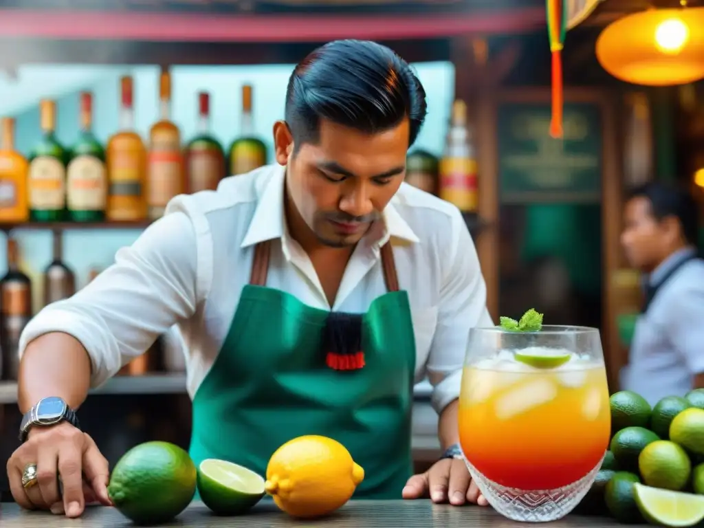 Un experto bartender peruano preparando un Chilcano en un mercado vibrante de Lima