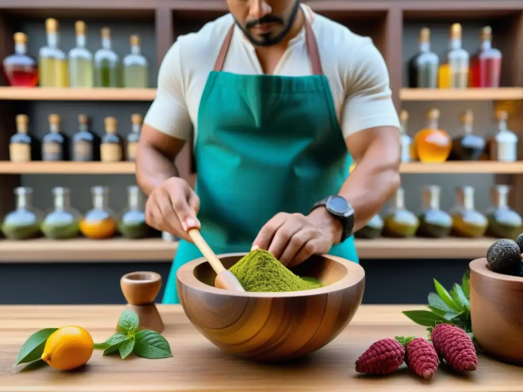 Un experto bartender peruano preparando coctel con molle, fusionando tradición y modernidad