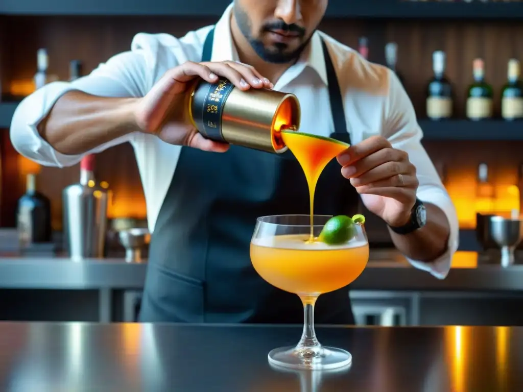 Un experto bartender peruano prepara cócteles peruanos con ají y pisco, creando una obra de arte culinaria