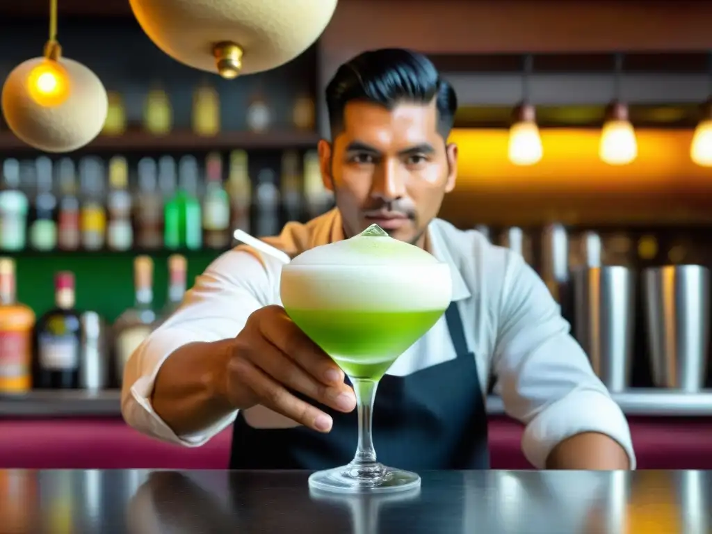 Un experto bartender peruano presenta una creativa bebida mientras prepara un Pisco Sour en un mercado bullicioso