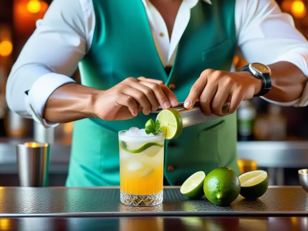 Un experto bartender peruano prepara con destreza un Chilcano de Pisco tradicional en un bullicioso bar local