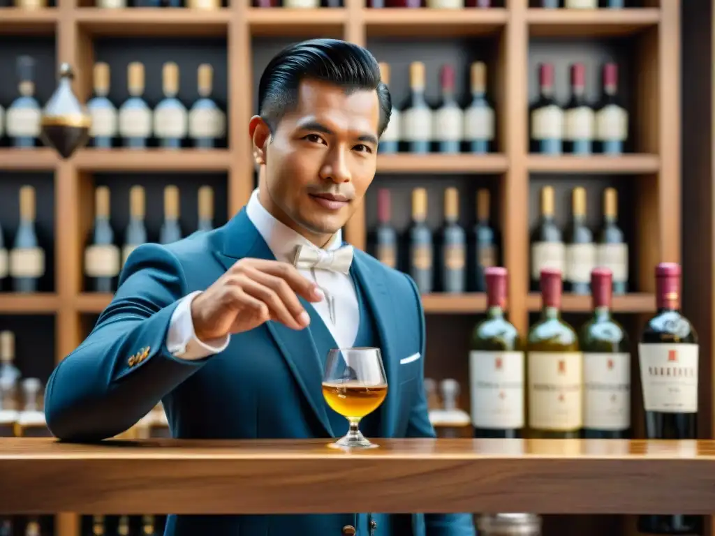 Experto sommelier peruano en evento gastronomía pisco vino, removiendo Pisco ámbar con elegancia, entre botellas y barricas vintage