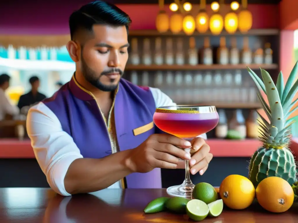 Un experto bartender peruano prepara innovadores cocteles con pisco en un vibrante mercado peruano