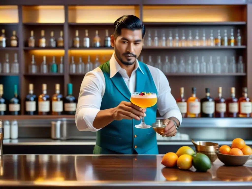 Un experto bartender peruano crea una lujosa Algarrobina con pisco y otros ingredientes secretos, rodeado de decoración costera vibrante