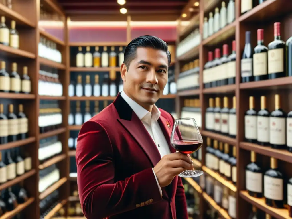 Un experto sommelier peruano deleitándose con los mejores vinos y piscos peruanos, en un escenario de lujo y tradición