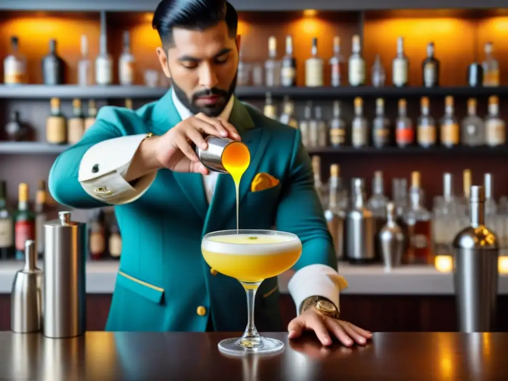 Un experto bartender peruano sirviendo un Pisco Sour con precisión y destreza, capturando la esencia de la coctelería internacional