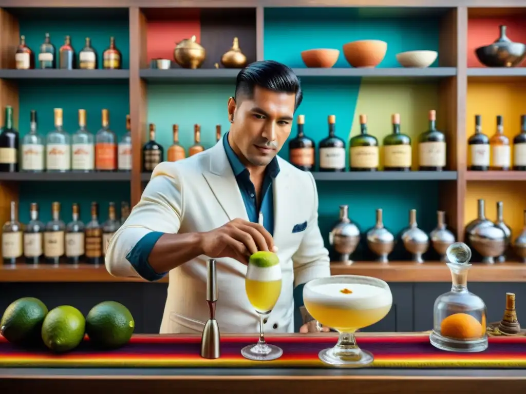 Un experto bartender peruano preparando un Pisco Sour, rodeado de ingredientes y textiles peruanos, ideal para amantes de la mixología