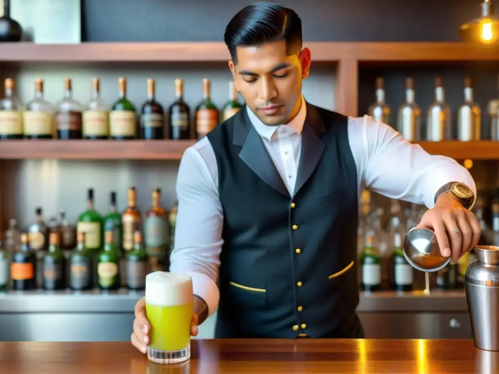 Un experto bartender peruano preparando un Pisco Sour con accesorios para preparar Pisco Sour