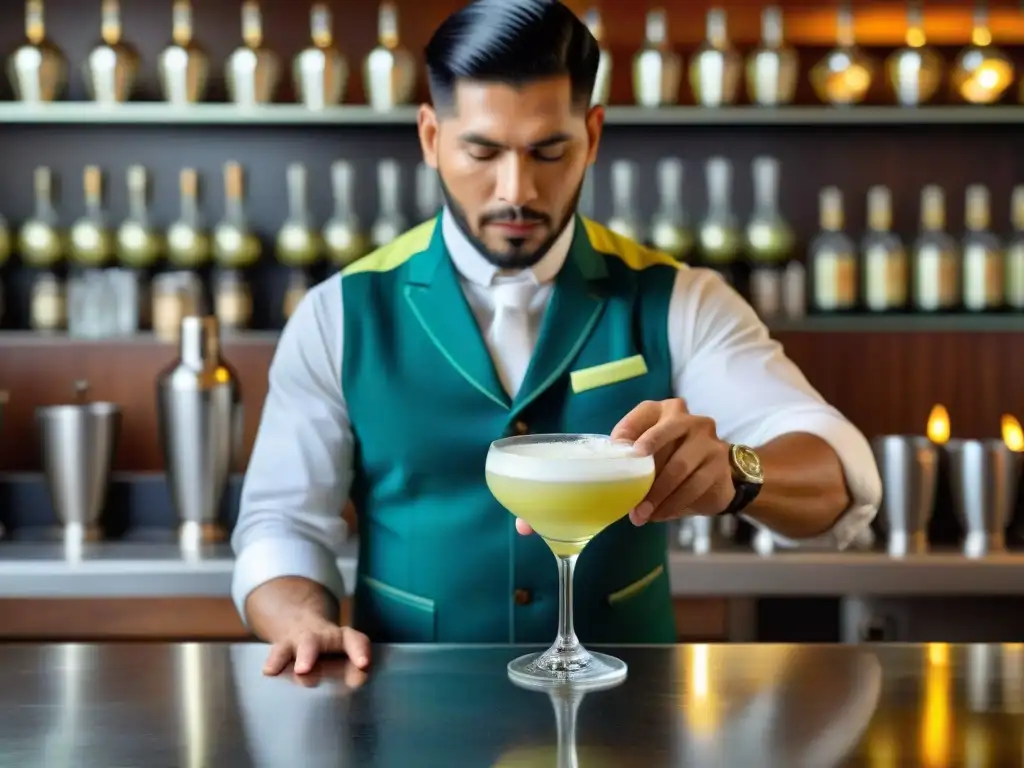 Un experto bartender peruano preparando un Pisco Sour con precisión, rodeado de accesorios para preparar Pisco Sour