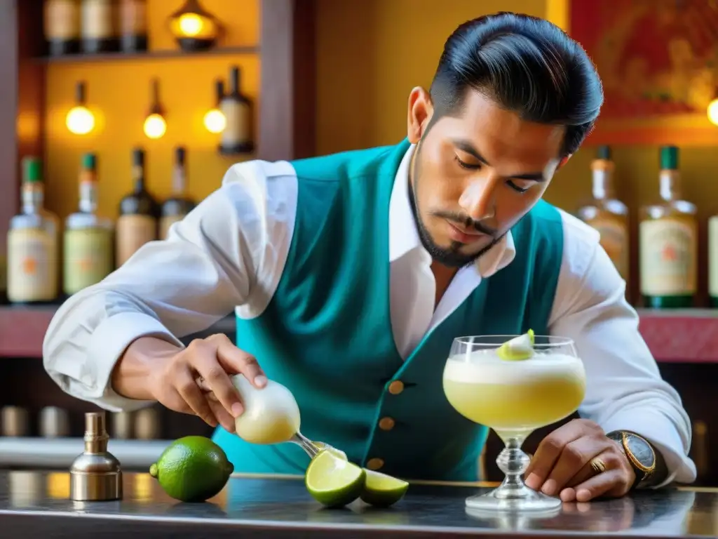 Un experto bartender peruano preparando un pisco sour en un bar tradicional de Perú