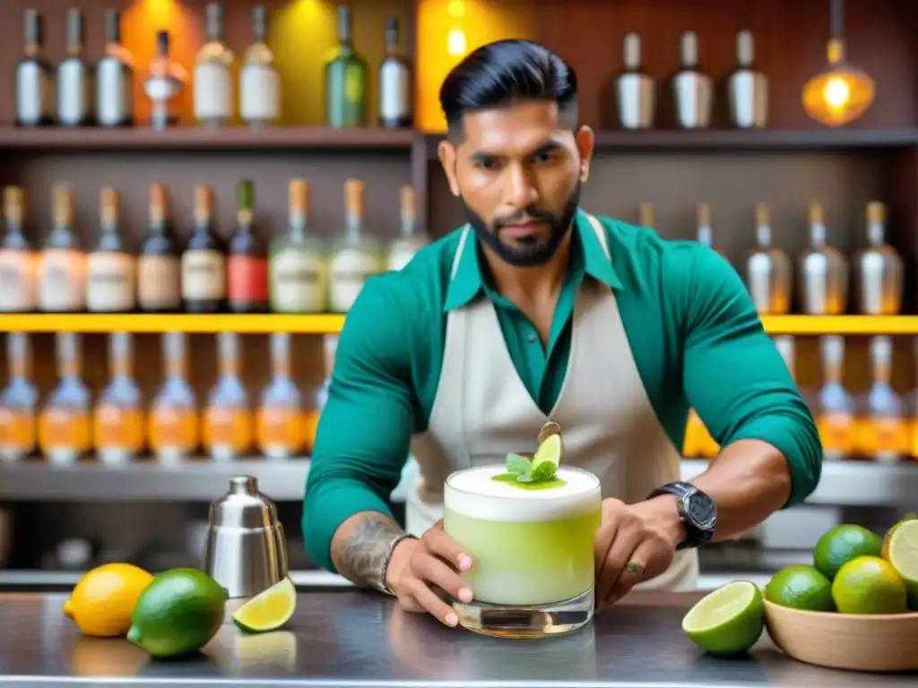 Un experto bartender peruano prepara un Pisco Sour en un mercado vibrante