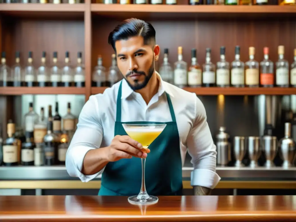 Un experto bartender peruano mezcla un Pisco Sour con twist, fusionando tradición e innovación en cocteles peruanos con twist