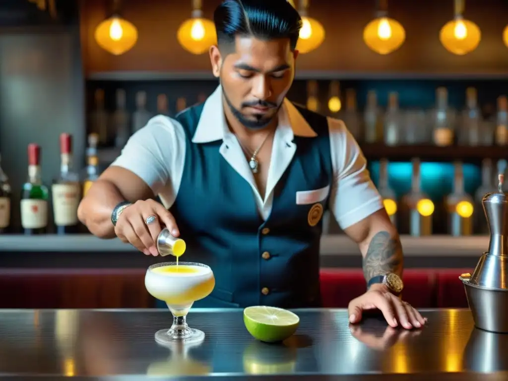 Un experto bartender peruano prepara un Pisco Sour con precisión y elegancia en un bar vintage