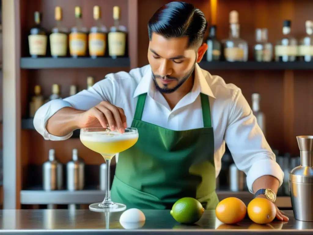 Un experto bartender peruano prepara meticulosamente un Pisco Sour