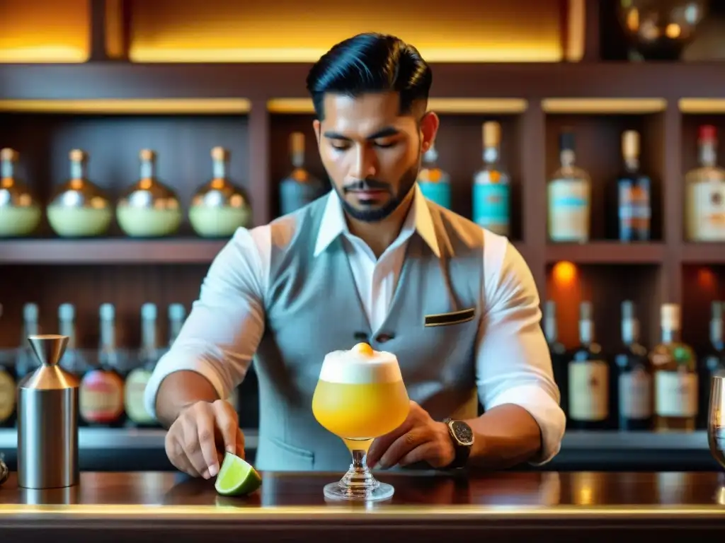 Un experto bartender peruano preparando un Pisco Sour, reflejando la diversidad culinaria de Perú