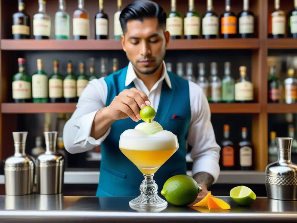 Un experto bartender peruano prepara un Pisco Sour con destreza