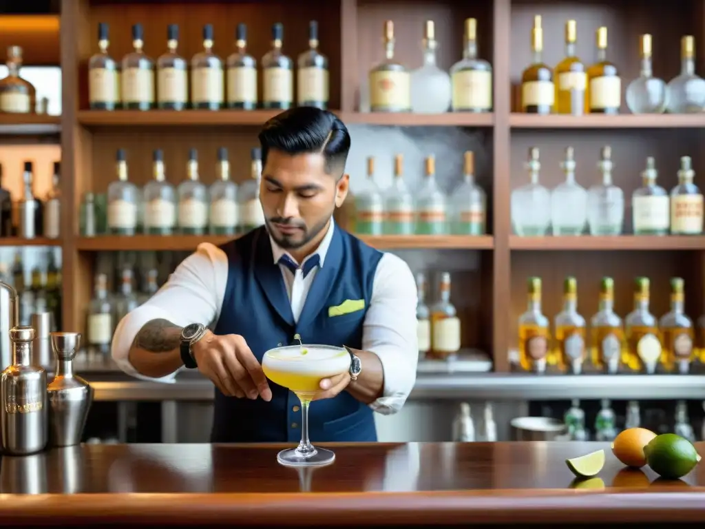 Un experto bartender peruano prepara un pisco sour en una clase magistral de coctelería, con decoración tradicional de Perú