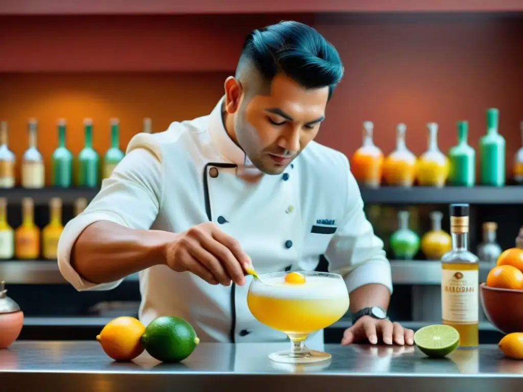 Un experto bartender peruano preparando un Pisco Sour con precisión, destacando las bebidas tradicionales peruanas en platos