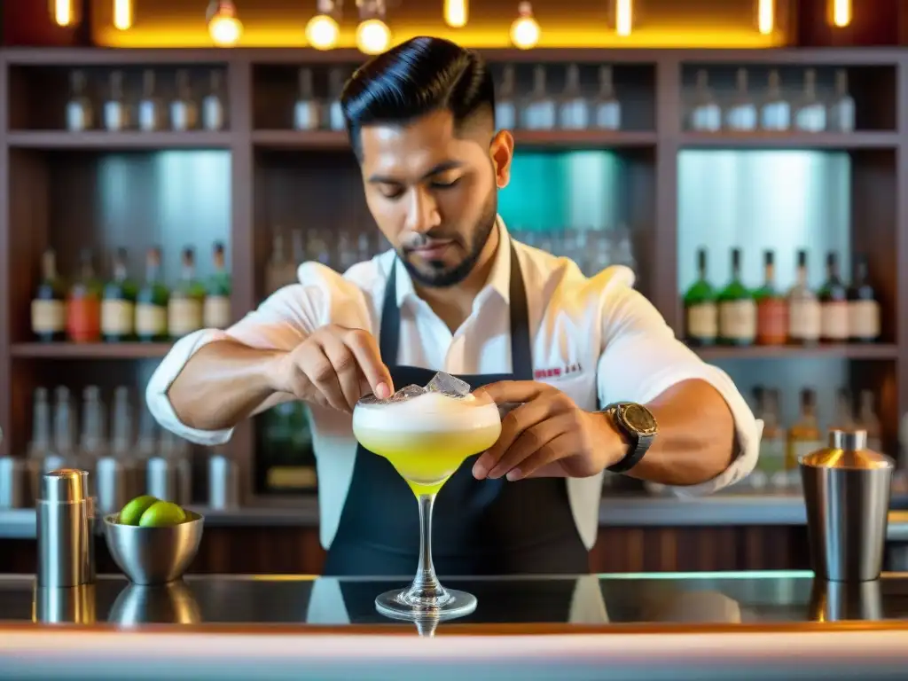 Un experto bartender peruano prepara un Pisco Sour con precisión en una escena vibrante de bar