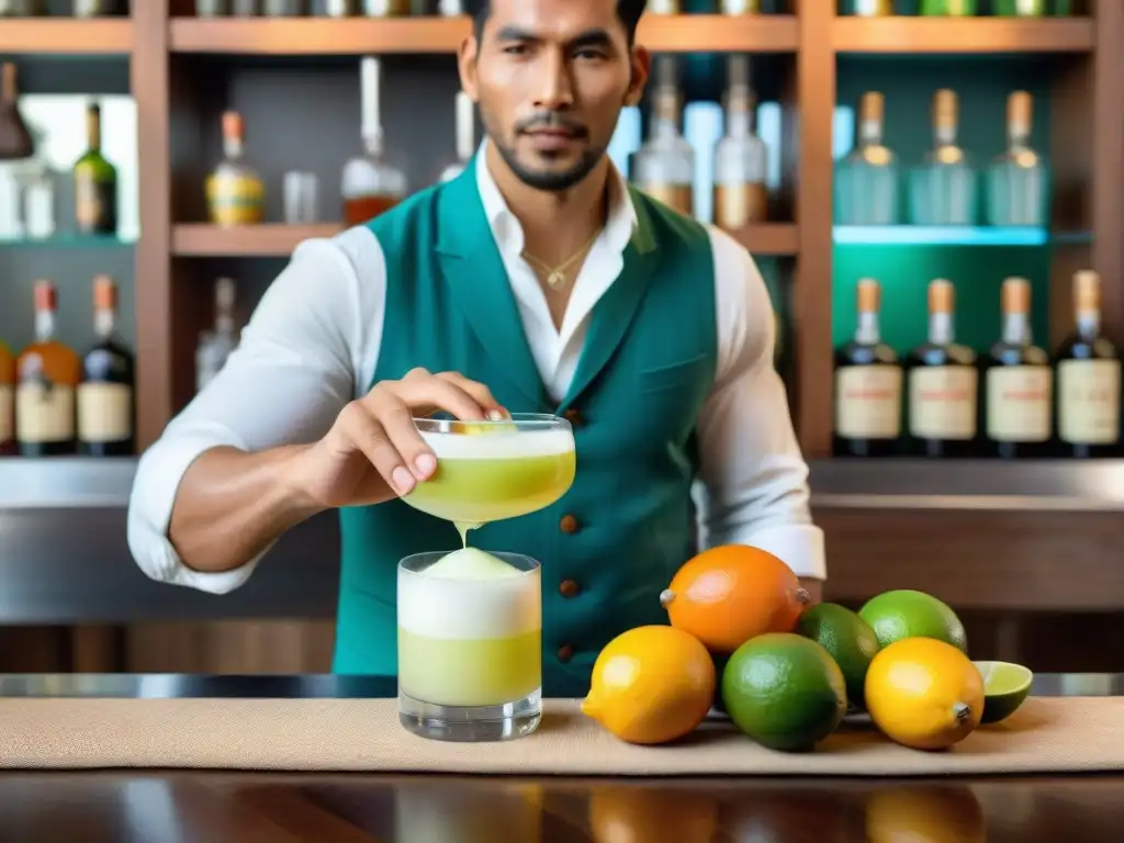 Un experto bartender peruano elaborando un Pisco Sour en un vibrante mercado, capturando la esencia de la coctelería peruana autóctona