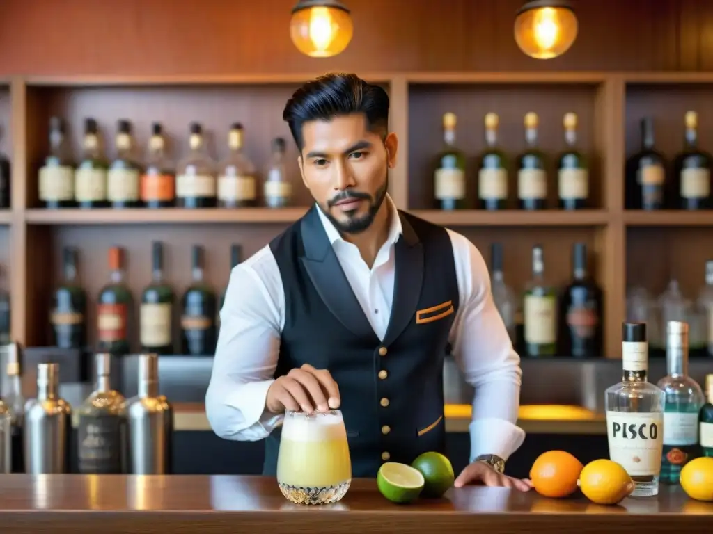 Un experto bartender peruano mezcla un Pisco Sour con precisión, resaltando la importancia del pisco en Perú