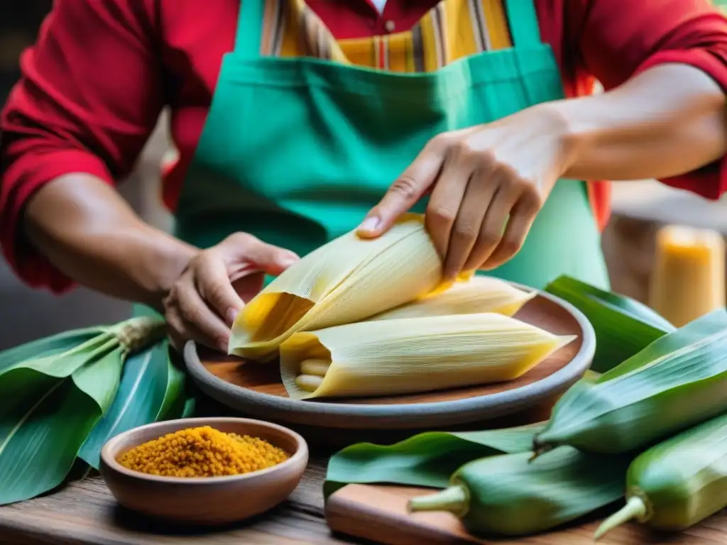 Experto peruano preparando tamales con ingredientes autóctonos