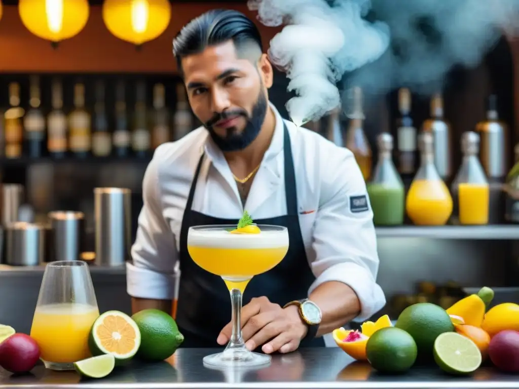 Un experto bartender peruano sirviendo un vibrante Pisco Sour en un mercado de Lima, con frutas coloridas y un chef preparando ceviche