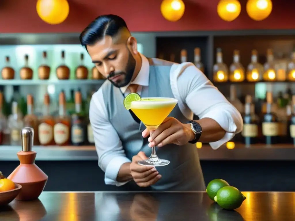 Un experto bartender peruano prepara un vibrante pisco sour en un mercado lleno de color