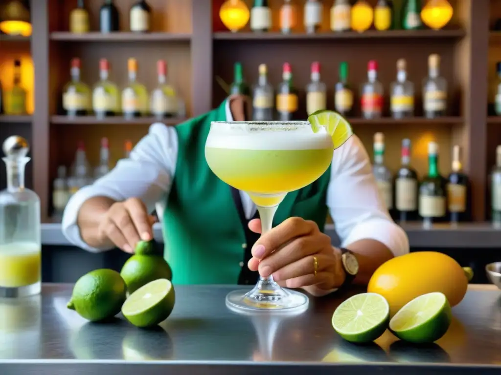 Un experto bartender peruano preparando un vibrante Pisco Sour con decoración de lima, en un mercado lleno de productos locales