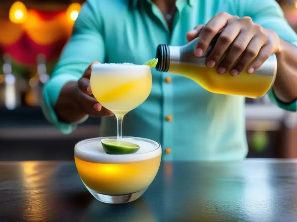 Un experto bartender peruano sirviendo un vibrante pisco sour en una copa de barro tradicional, en un entorno colorido y artesanal