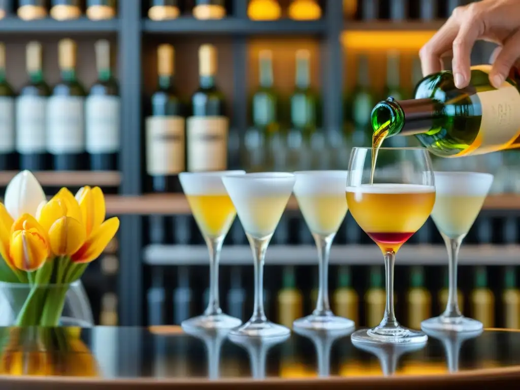 Un experto en degustación vierte pisco dorado en copa tulipán