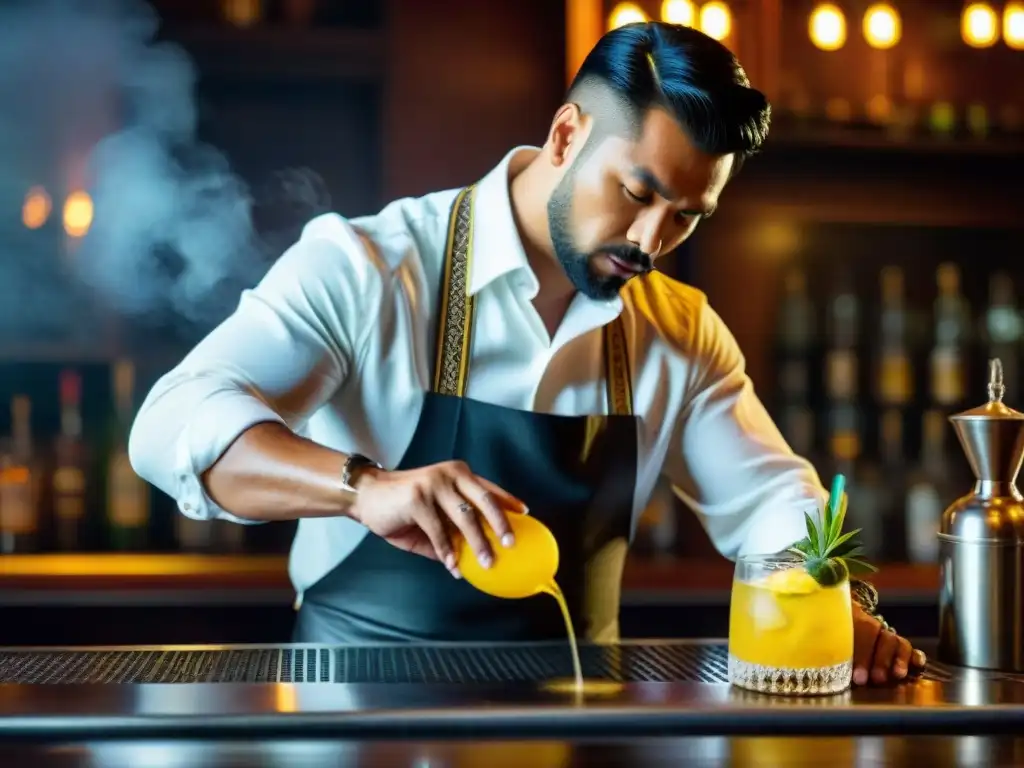 Un experto bartender prepara un Pisco Punch en un elegante bar de San Francisco, destacando la historia del Pisco Punch