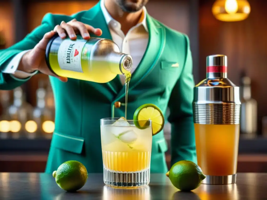 Un experto barman vierte pisco en un shaker en una fusión refrescante pisco ginger ale