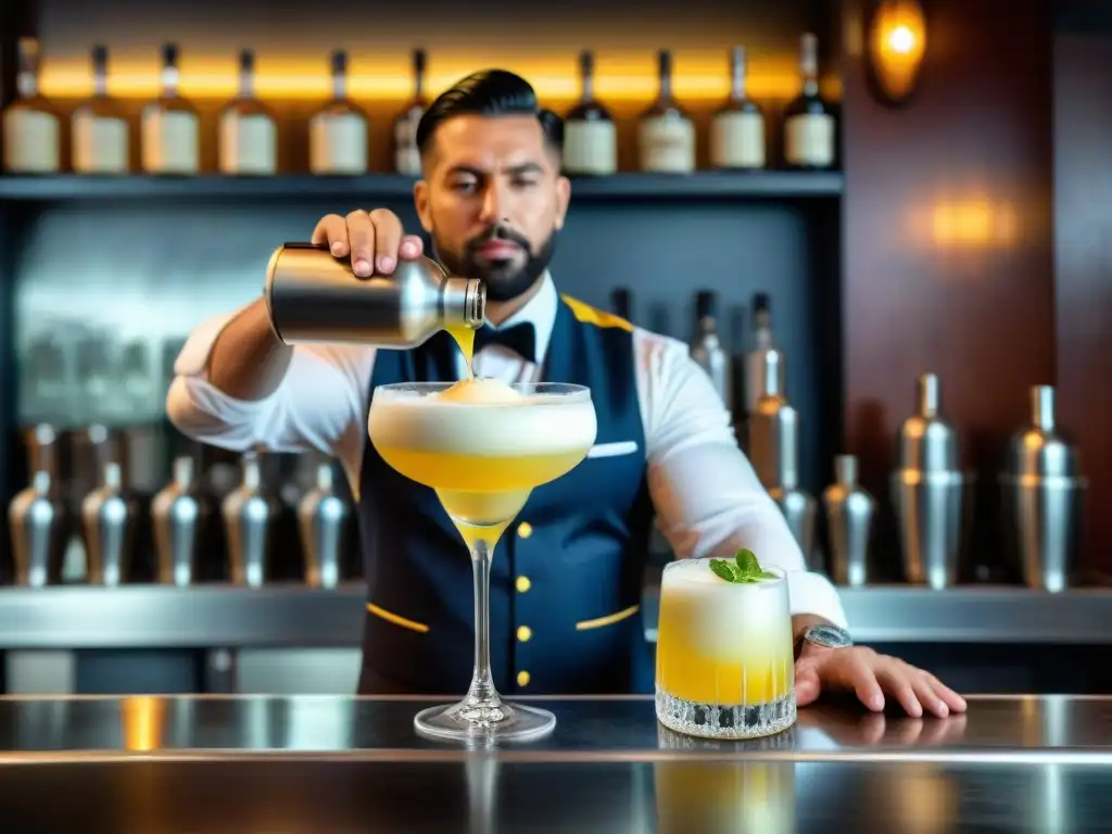 Un bartender experto prepara un Pisco Sour con precisión en un ambiente elegante