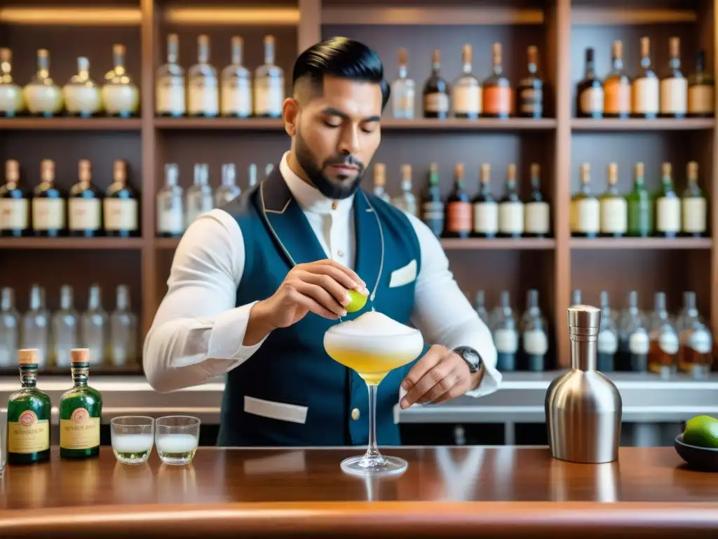 Un experto bartender prepara un pisco sour en un ambiente tradicional con botellas de pisco peruano