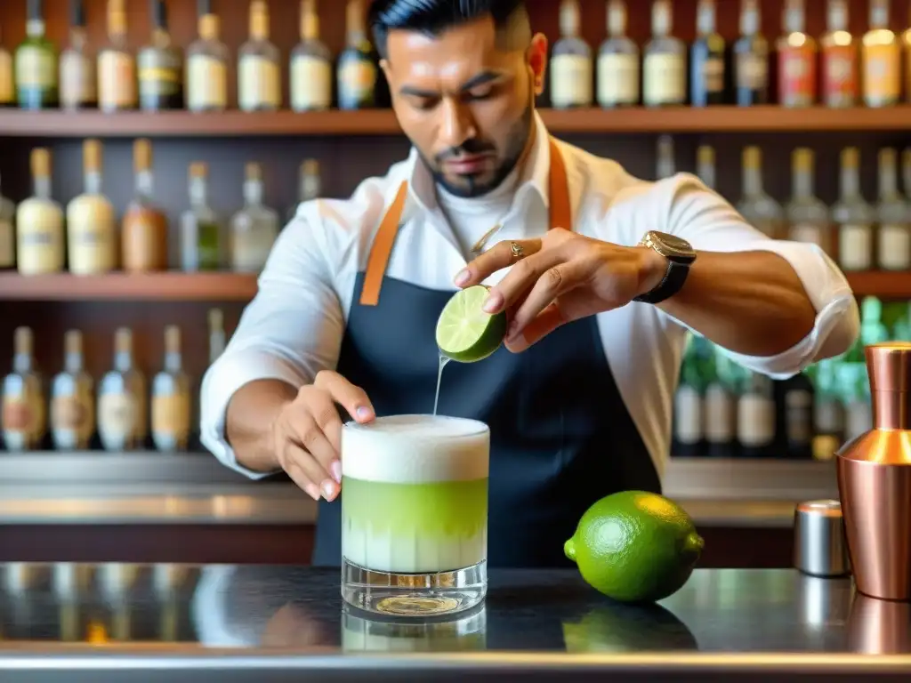 Un experto bartender preparando un pisco sour en un bar de moda