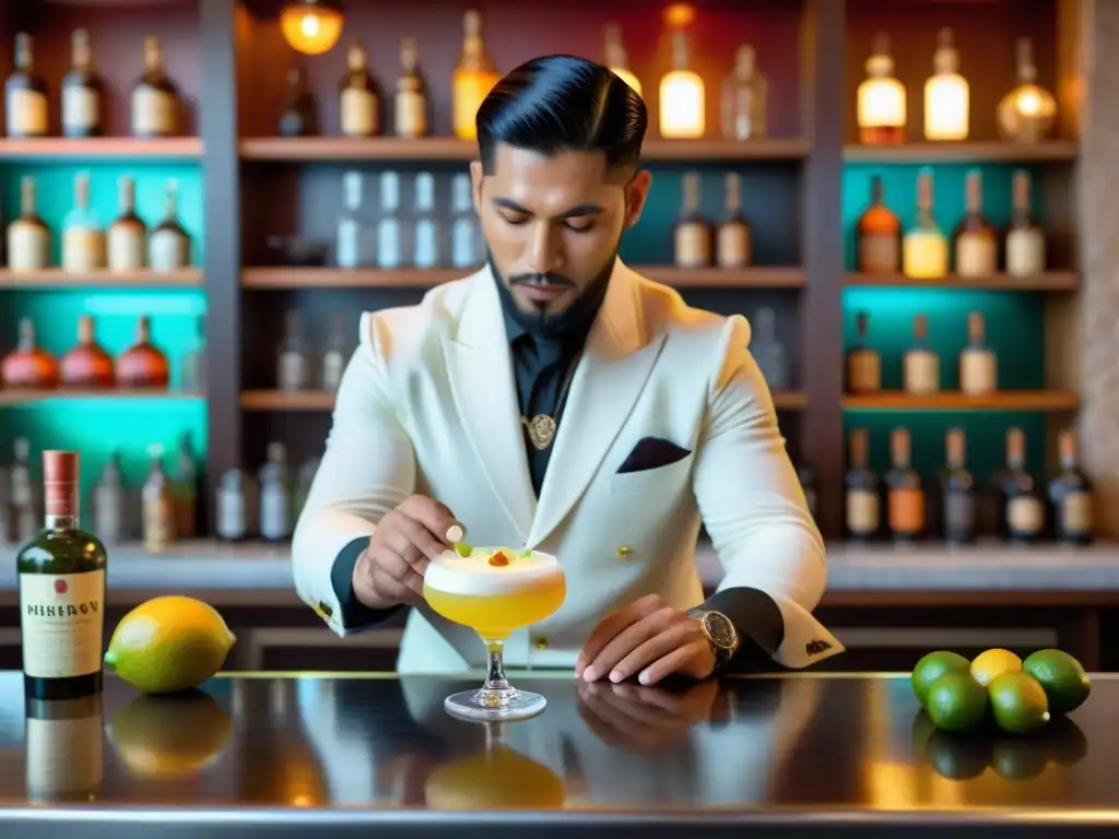 Un experto bartender preparando un Pisco Sour en un bar tradicional peruano