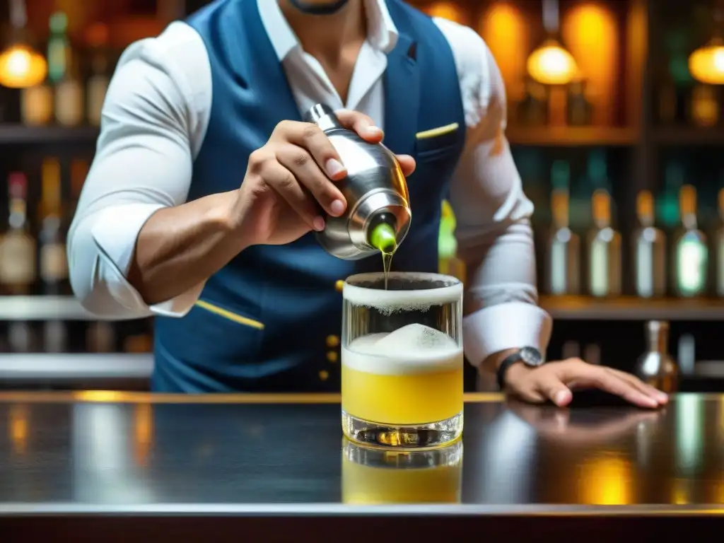 Un bartender experto preparando un pisco sour en un bar elegante