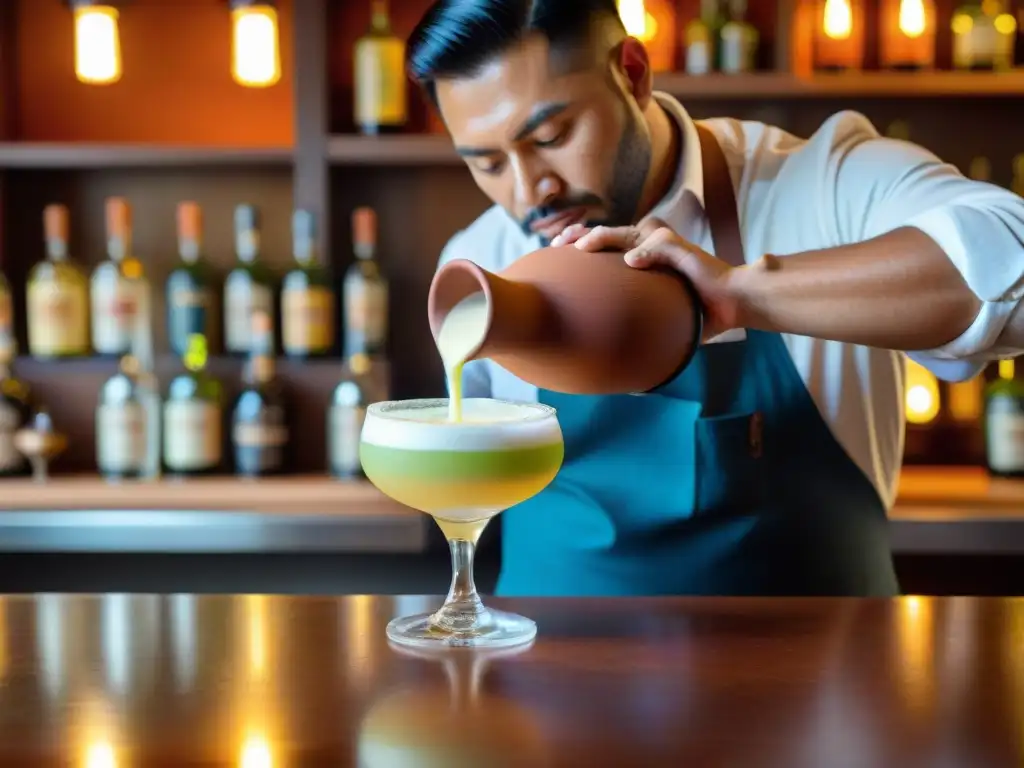 Un experto barman sirviendo un Pisco Sour en una copa de barro peruana, resaltando los detalles y colores vibrantes