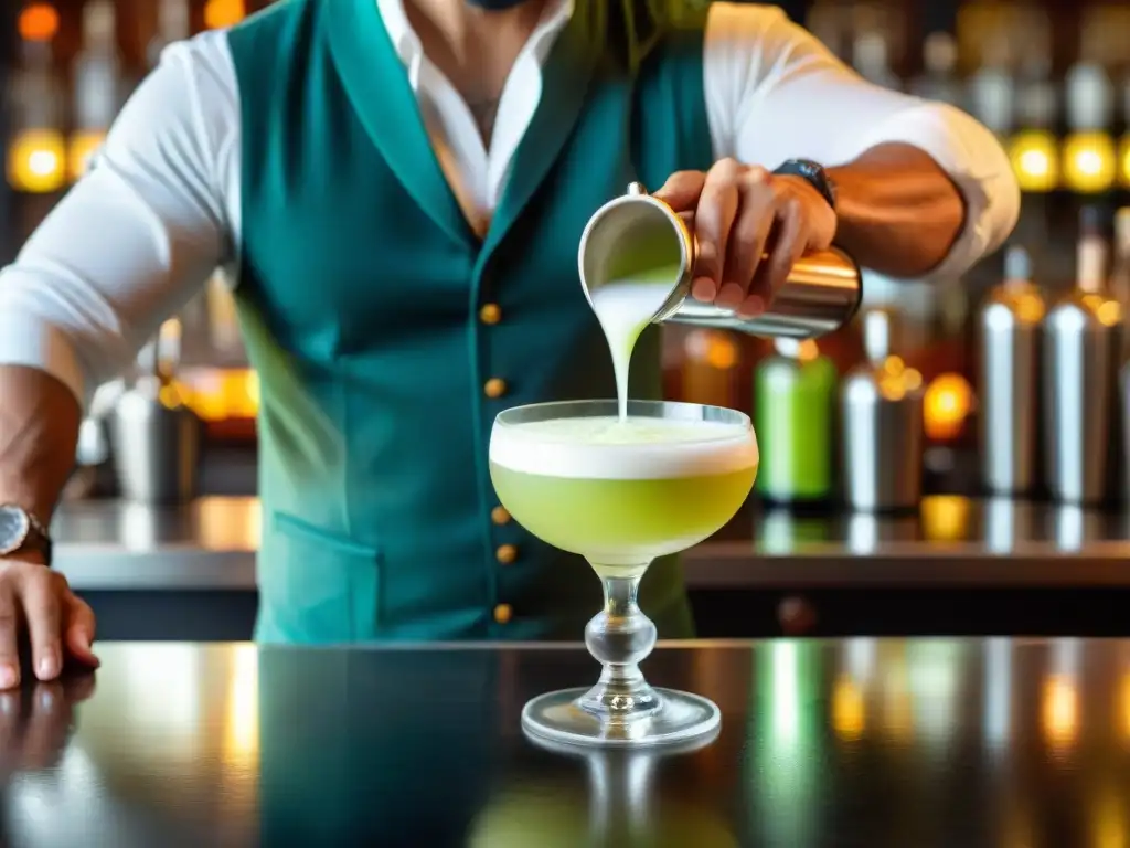 Un bartender experto preparando un Pisco Sour peruano, representando la excelencia del Pisco en la coctelería internacional