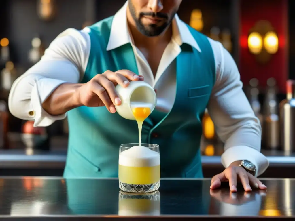 Un experto bartender prepara un Pisco Sour peruano, mostrando destreza y tradición