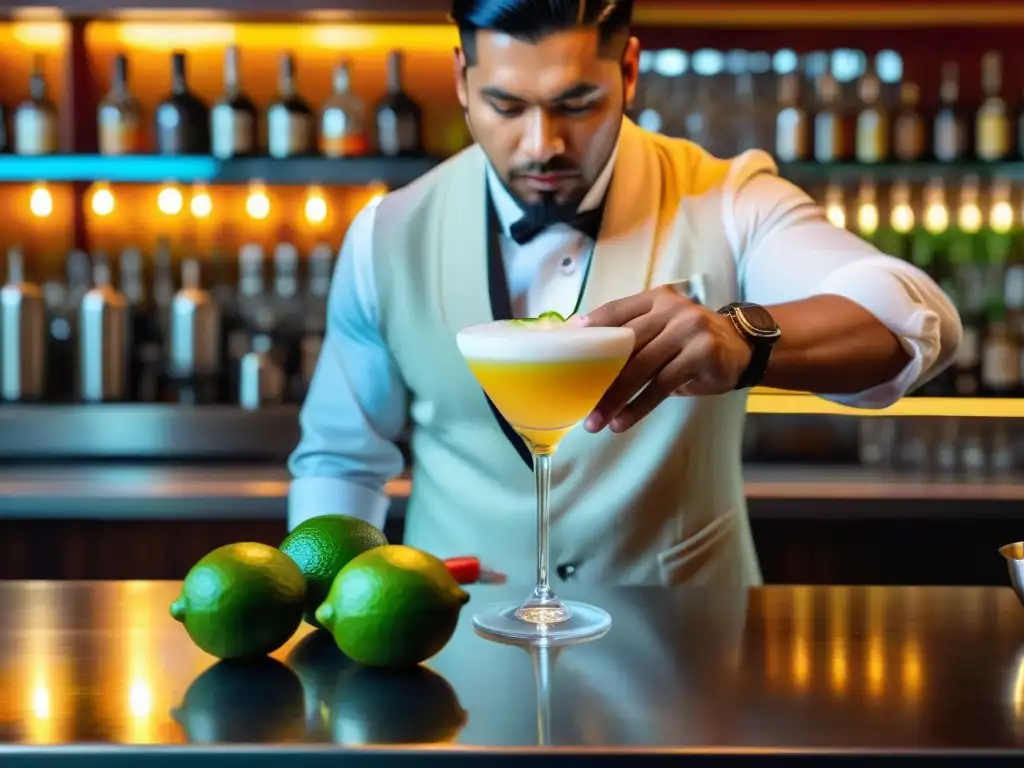 Un experto prepara un pisco sour peruano con detalle y arte en un elegante bar, resaltando los beneficios del pisco peruano