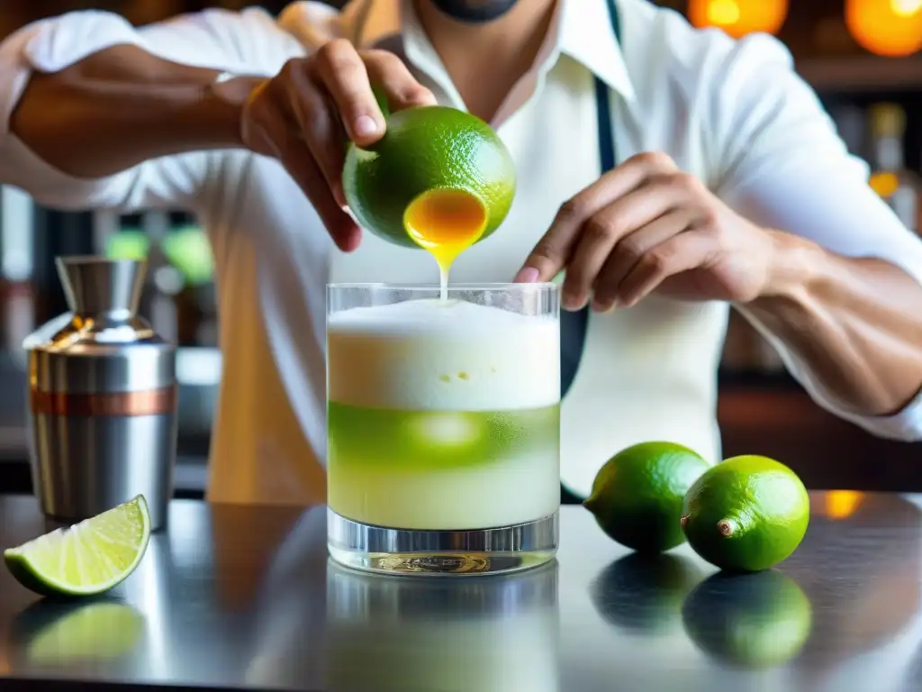 Un experto prepara un pisco sour peruano en un bar rústico