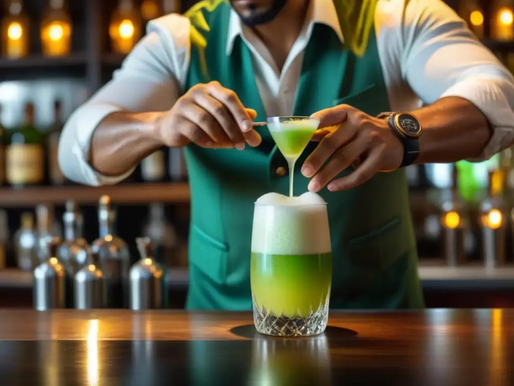 Un experto bartender preparando un Pisco Sour peruano en un bar atmosférico con caña y ron peruano gastronomía